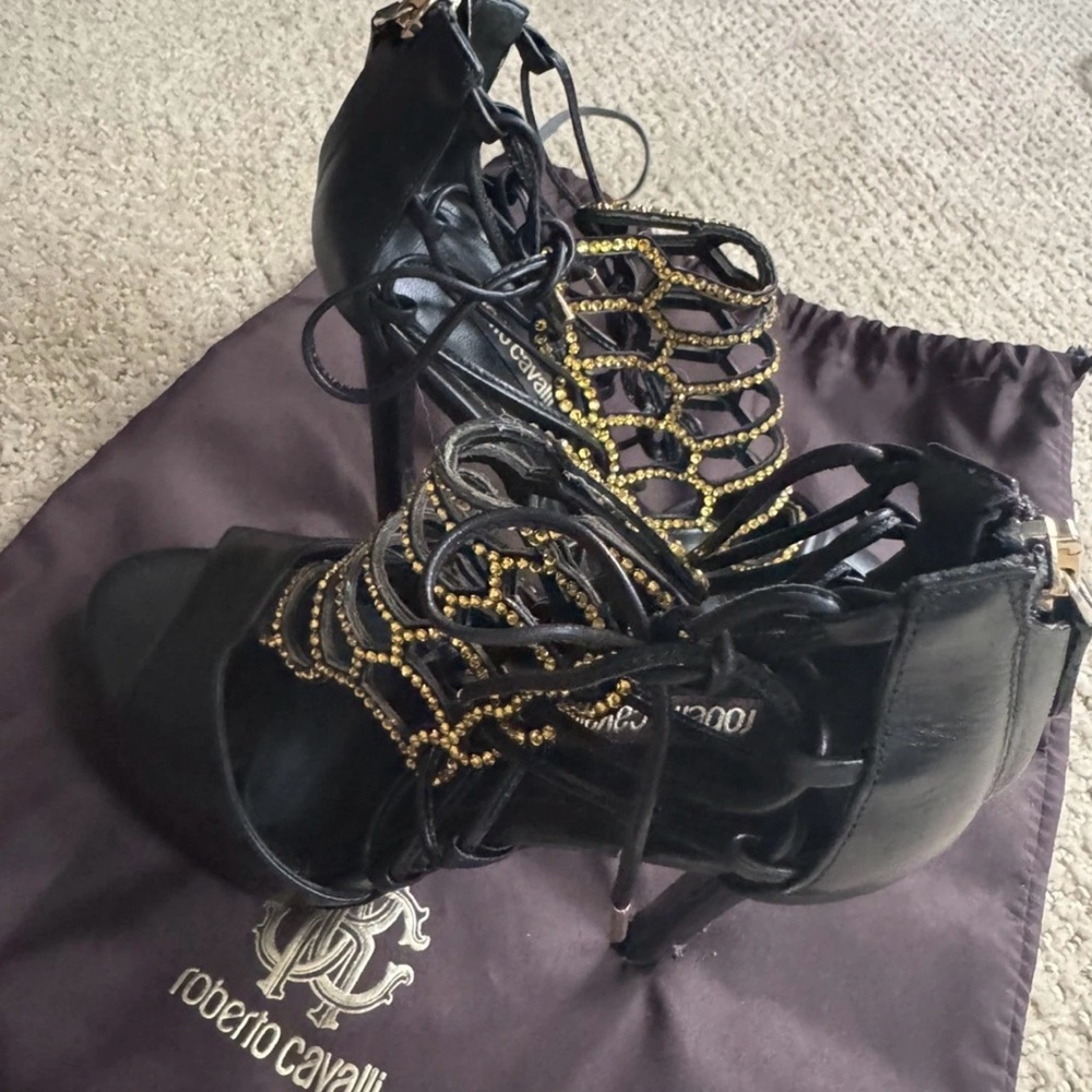 Roberto Cavalli Black Heels with Yellow Crystals